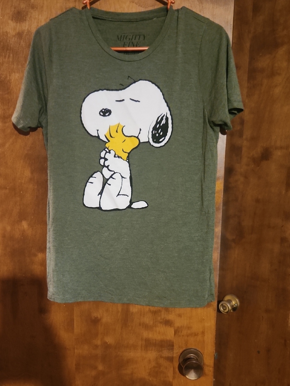 Mighty Fine Olive Green Kids Snoopy & Woodstock Hug Graphic Tee